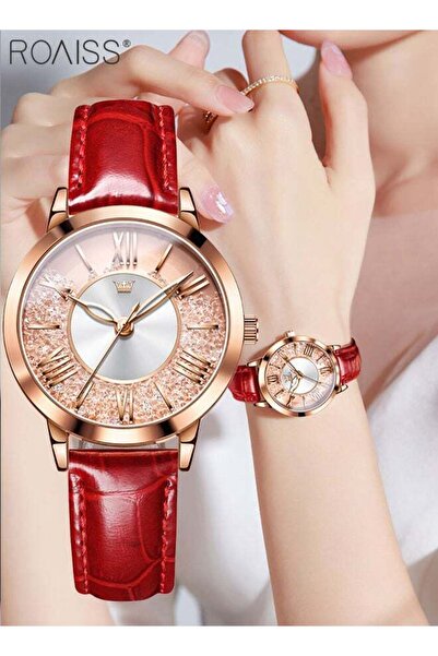 ROAISS Women's Leather Strap Quartz Watch Round Creative Quicksand Dial Flowi...