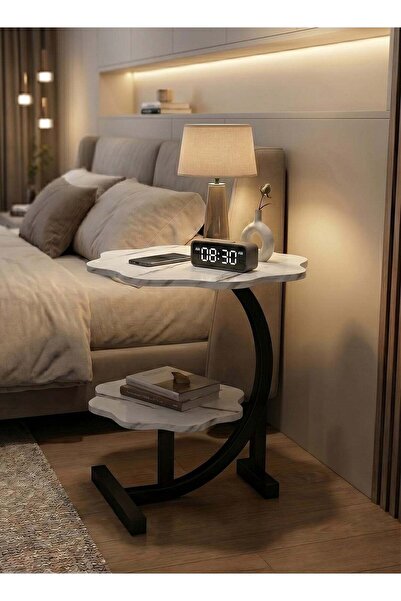 Taimi 2-Tier C-Shaped Side Table - Table With Wooden Top and Metal Frame, Whi...
