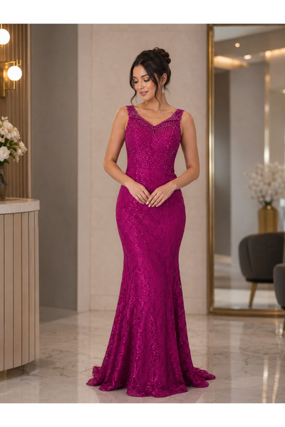 MODA NUR Dantelli Uzun Abiye Elbise