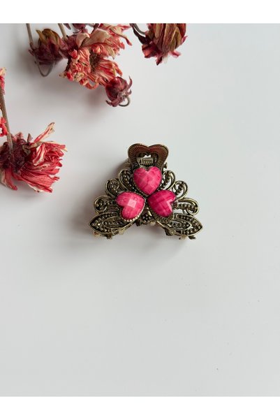 BURÇİN AKSESUAR Women's Metal Clasp Vintage Pink Heart Medium Size Hair Clip