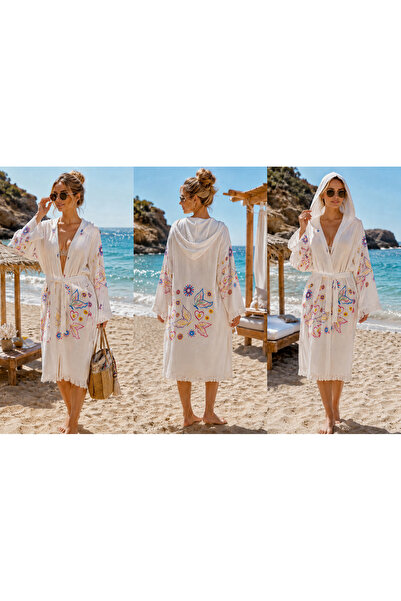 Store Kapüşonlu Nakış İşlemeli Müslin Kimono Bornoz – Kuşaklı Plaj, Spa ve Ha...