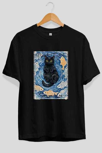 Ankhises For the Sake of Cat 107 Front Cat Printed Black Oversize T-Shirt 100...