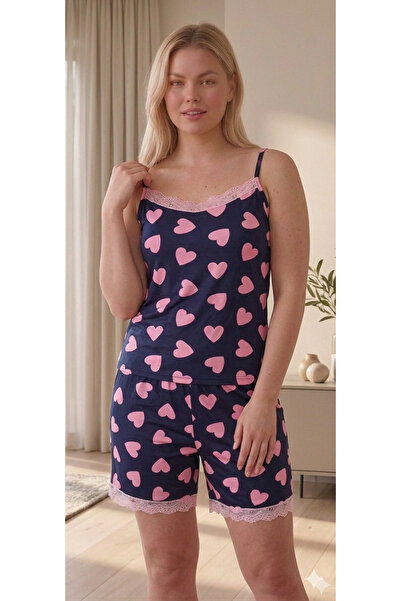 Ryam Mooda Women's Lace Detailed Heart Patterned Shorts Pajama Set
