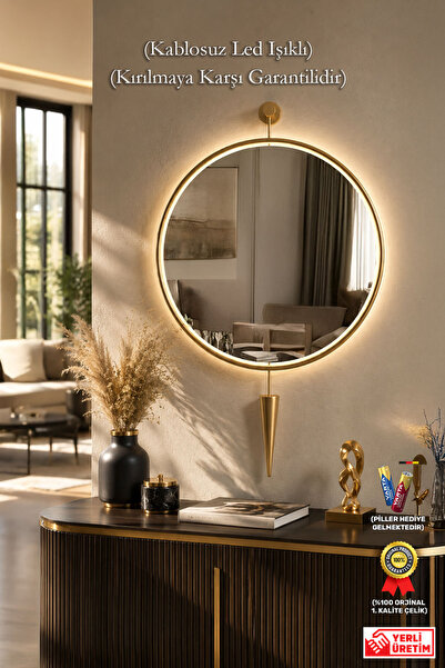 MetaQuartz Aksesuar Kablosuz LED’li ELEGANT Luxry Ayna GOLD 50x90 - 60x90 Cm ...