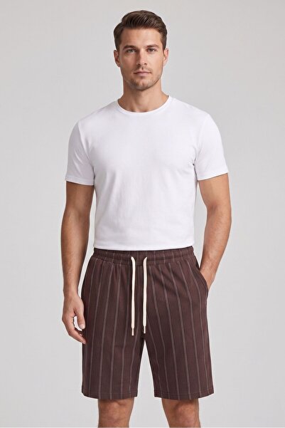 OBJE Men's Brown Striped Elastic Waist Lace-Up Shorts