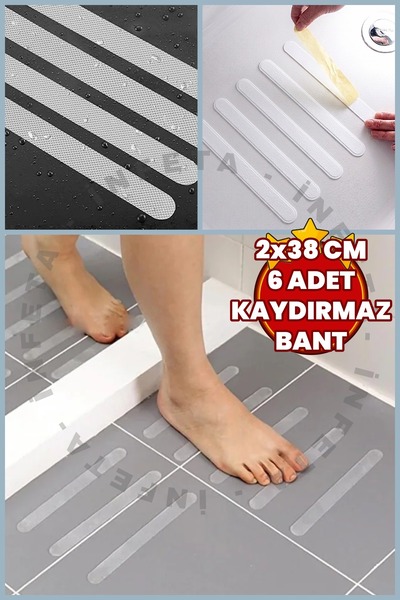 İnfeta 2x38 cm 6'lı Banyo Mutfak Zemin Kaymaz Bandı-Fayans Merdiven Zemin Kay...