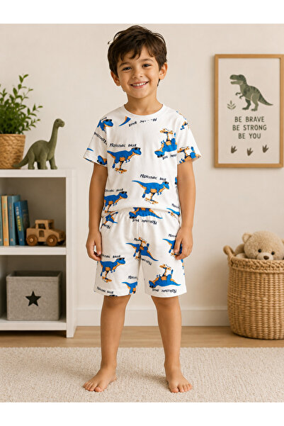 kr kids Boys' Dinosaur Patterned Short Sleeve Shorts Pajama Set - Cotton Summ...
