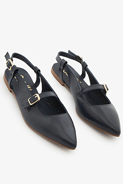 SAYL Lacivert Hakiki Deri Kadın Babet Slingback Ayakkabı
