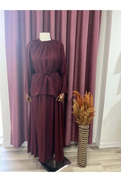 Miraydın Butik طقم تنورة نسائي من الموسلين بحزام خصر واسع M2676 - أرجواني