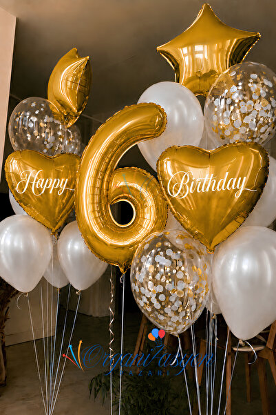Organizasyon Pazarı Gold Number 6 Age Balloon Set Gold Heart Star Confetti | ...
