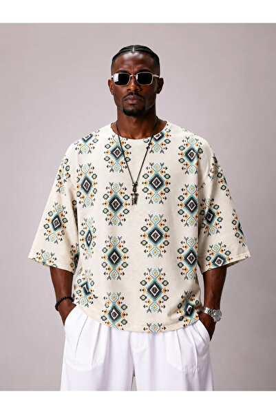 FıttingRoom Oversize Cotton Linen Patterned Tshirt