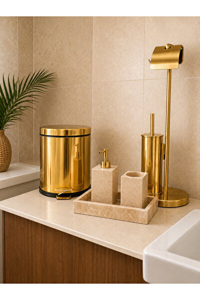 DMR VESTA GOLD Banyo Seti–Traverten Tepsi,Sıvı Sabunluk,Diş Fırçalık,WC Fırça...