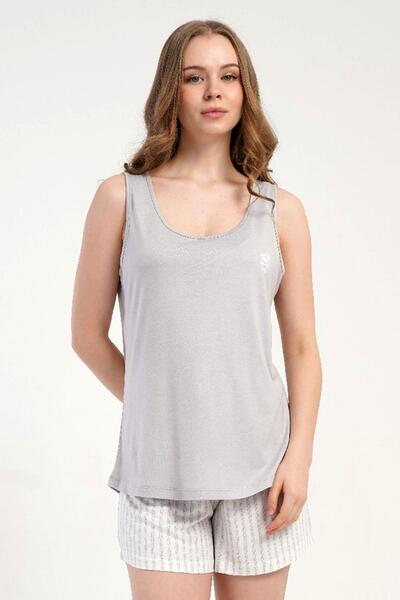 KEZOKİNO Women's Thick Strap Shorts Gray Pajama Set Comfortable Cut Summer Ho...