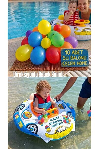 ÇEÇEN HOME Direksiyonlu Bebek Deniz Simidi ve 10'lu Su Balonu Seti - Yaz Eğle...