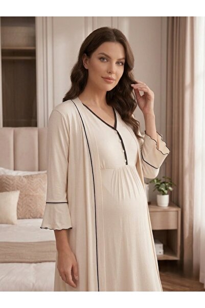 LOHOUSE Women's Ecru Ribbed Buttoned New Season 2-Piece Maternity Nightgown S...