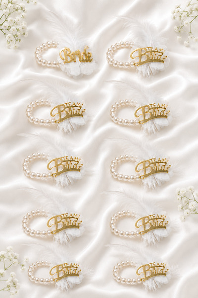 Happyland Gold (Altın) Renk Beyaz Tüylü İncili Bride ve Team Bride Bileklik Seti, Gelin ve Nedime Bileklik Seti 10 Adet