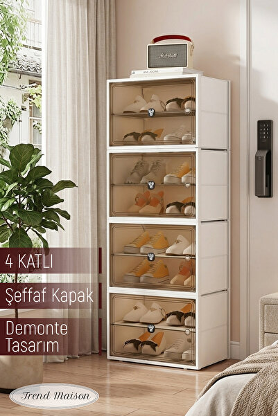 Trend Maison Çok Amaçlı Modüler 4 Katlı Şeffaf Kapaklı Ayakkabılık Demonte Ay...