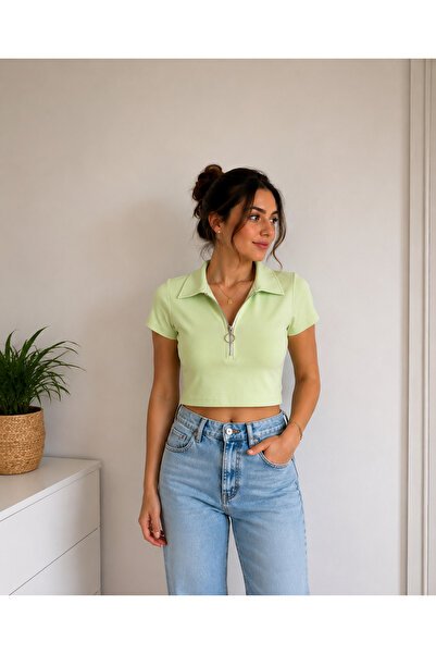 NOBLE STORE Neon Green Zipper Detailed Crop Polo Collar Women's T-Shirt