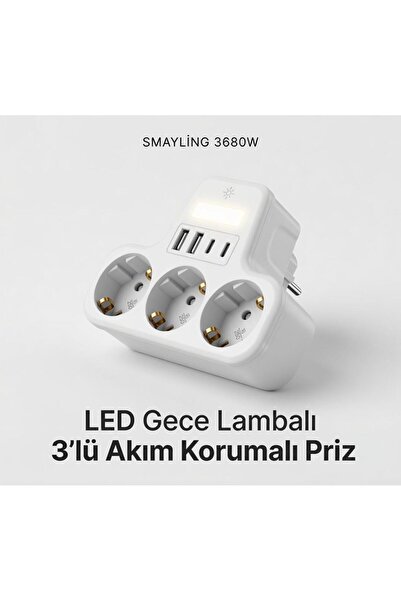 SMAYLİNG 3’lü Duvar Tipi Akım Korumalı Priz | 2 USB-A + 2 Type-C Girişli | LE...