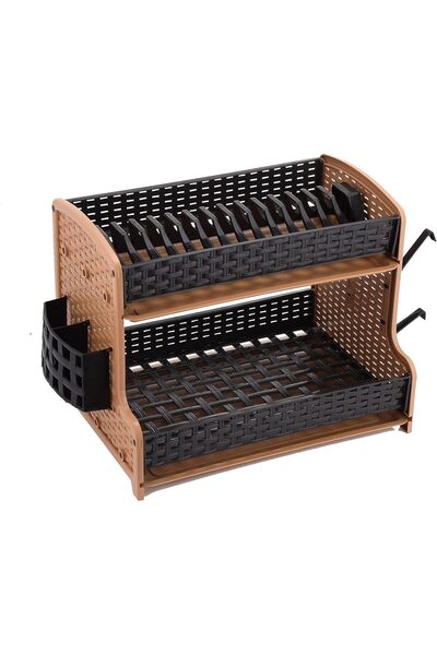 ORVILLA 2-Tier Bamboo Dish Rack Plastic Drain Tray Multi-Use Shelf with Cup a...