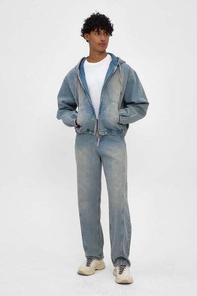 Denim Date Erkek Kapüşonlu Açık Mavi Ice Fade Denim Ceket Fermuarlı Kot Ceket