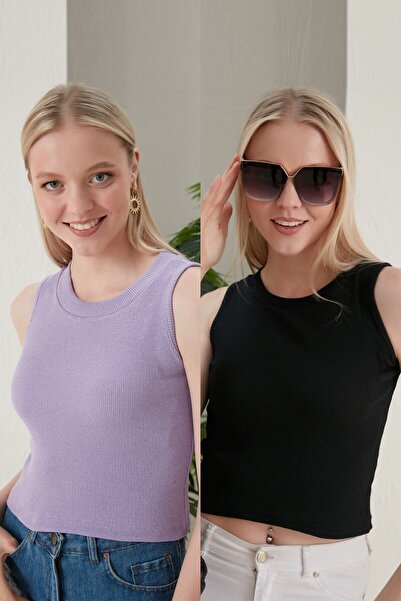 Generic Brand Women's Lilac Black Halter Neck 2-Piece Crop Blouse