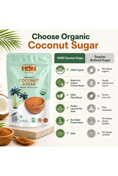 HON FOODS Coconut Sugar- USDA Organic -Made in Indonesia- Halal Certified -Low GI- Non-GMO- 400g Pack
