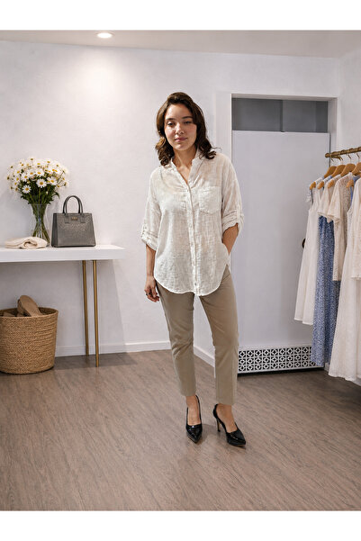 MARE BUTİK Sequin Detailed Judge Collar Cotton Shirt-White