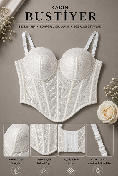 Weweus White Color Sequined Shiny Corset Bustier