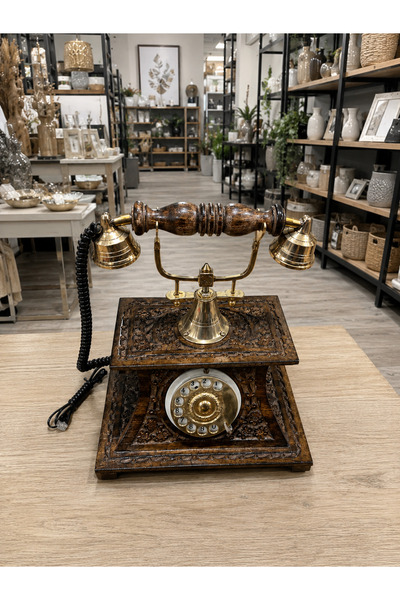 hediye ESTERHOMEDECOR Pirinç detaylı ahşap oymalı nostaljik telefon
