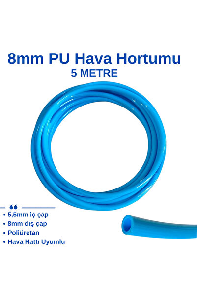 BROTECH 8mm PU Hava Hortumu 5 Metre - Poliüretan Pnömatik Hortum 8x5,5mm Mavi...