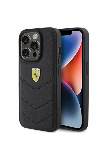 Ferrari Carcasă matlasată cu logo metalic pentru iPhone 15 Pro, negru