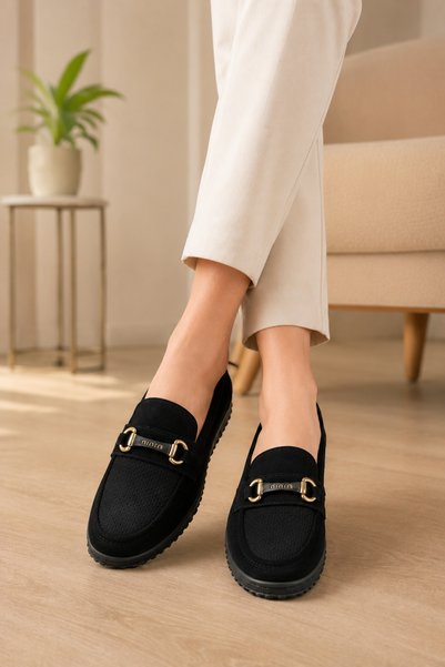 homiro Women's Buckle Casual Loafer Suede Shoes - Black