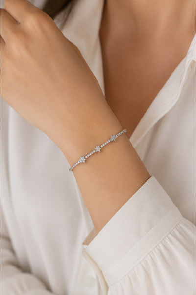 Belasso Çelik Gümüş Renk Zirkon Taşlı Yıldız Figürlü Su Yolu Kadın Bileklik