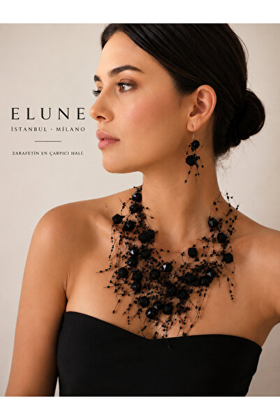 ELUNE İSTANBUL Milano Black Crystal Beaded Evening Dress Necklace and Earring...