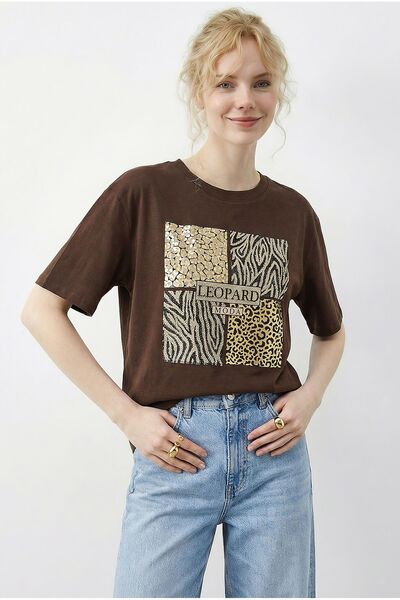 Hiccup Tricou cu guler rotund și paiete cu imprimeu leopard LUCCI
