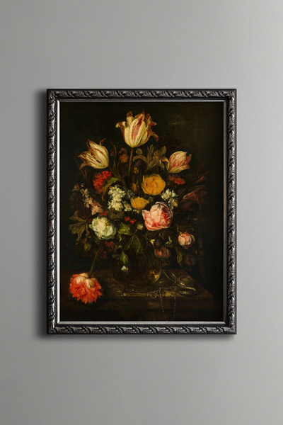 epiqart Tulips and Roses in Glass Vase - Vintage Patterned Frame - Slim Model