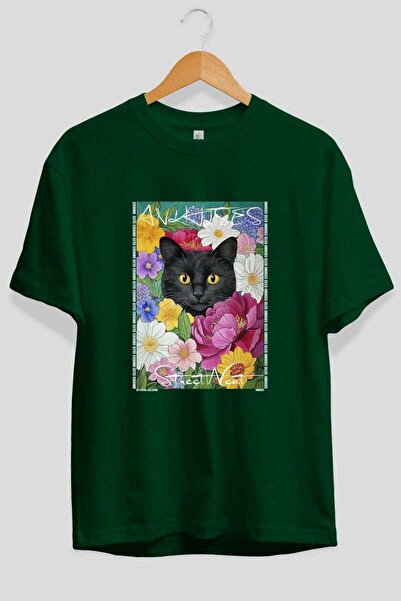 Ankhises For the Sake of Cat 109 Front Cat Printed Green Oversize T-Shirt 100...