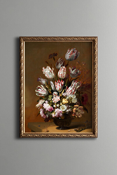 epiqart Striped Tulips Bouquet - Vintage Patterned Frame - Slim Model