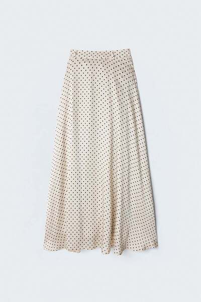 Sateen Polka Dot Long Skirt - Beige