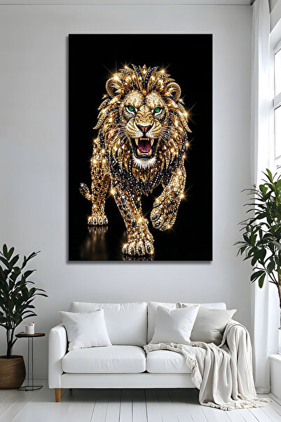 Parıltı Yayınları Lüks Işıltılı 3D Aslan Modern Salon Ofis Dekoratif Cam Tablo