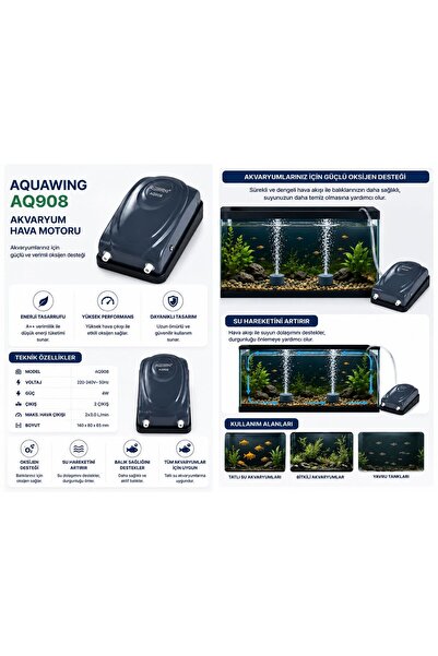 Aquawing AQ908 Tasarruflu Akvaryum Hava Motoru Çift Çıkışlı Oksijen Pompası