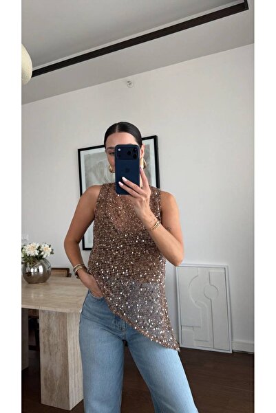 Generic Brand Sjajna, detaljna, asimetrična bluza od mrežaste tkanine