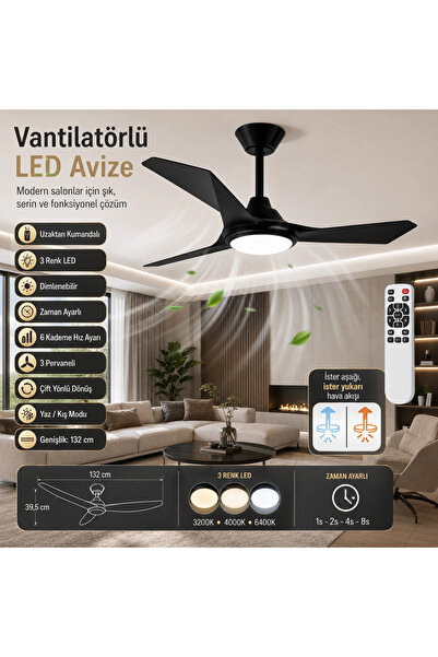 Elektroyou Poyraz Yeni Premium Serisi Vantilatörlü Ledli Avize Uzaktan Kumand...
