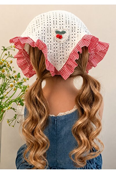 GlassySKY Cherry Figured Gingham Ruffle Crowned Bandana Hair Accessory Summer...