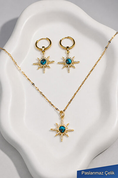 TREND COLLECTİON Women's Gold Stainless Steel Blue Stone Pole Star Necklace E...