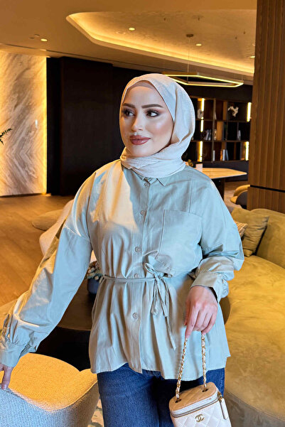 İmajButik قميص كاكي بأزرار وحزام خصر