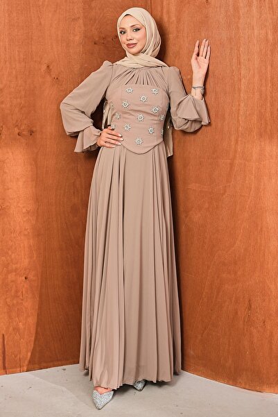 İmajButik Mink Stone Embroidered Bustier Evening Dress