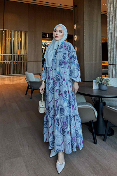 İmajButik فستان فيسكوز رمادي بنصف أزرار وأكمام مطاطية ونقشة مميزة