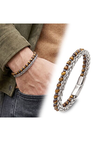 Mestore Steel Chain Tiger's Eye and Hematite Men's Bracelet 31682B21D8